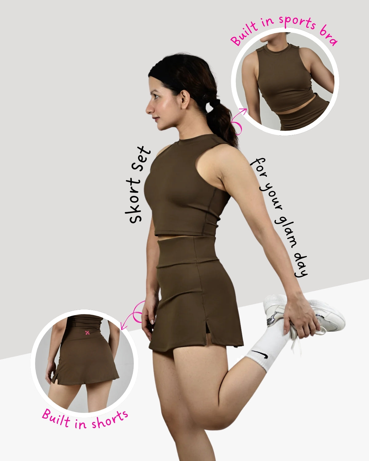 Cut Sleeves Top with Built-in Sports Bra - Cedar Brown