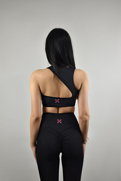 Seamless Asymmetric Style Gym Crop Top - Black