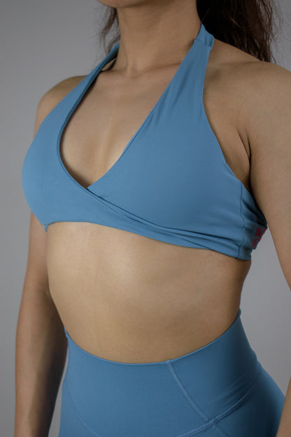 Front Twist Halter Neck Sports Bra - Haze Blue