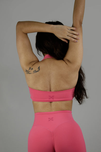 Ruched Halter Neck Sports Bra - Pink