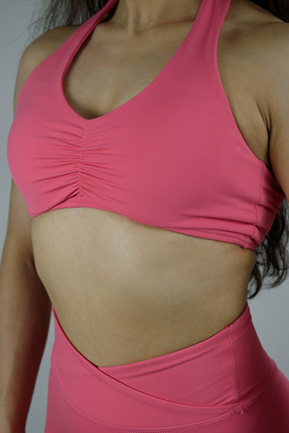 Ruched Halter Neck Sports Bra - Pink