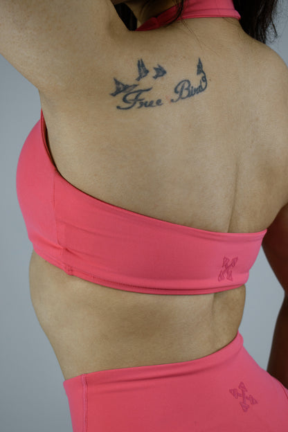 Ruched Halter Neck Sports Bra - Pink