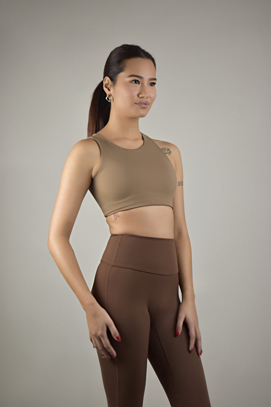 Seamless Asymmetric Style Gym Crop Top - Tan Brown