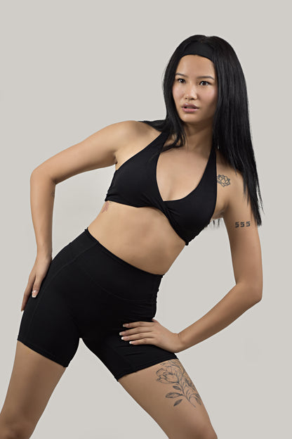 Front Twist Halter Neck Sports Bra - Black