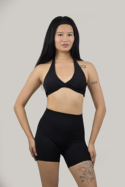 Front Twist Halter Neck Sports Bra - Black