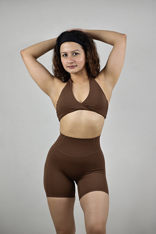 Front Twist Halter Neck Sports Bra - Coffee Brown