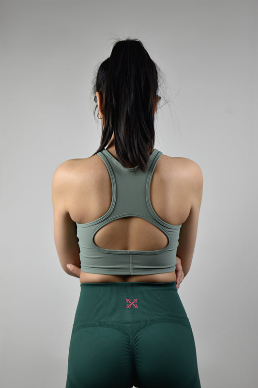 Ribbed style cutout back gym sports bra - Green