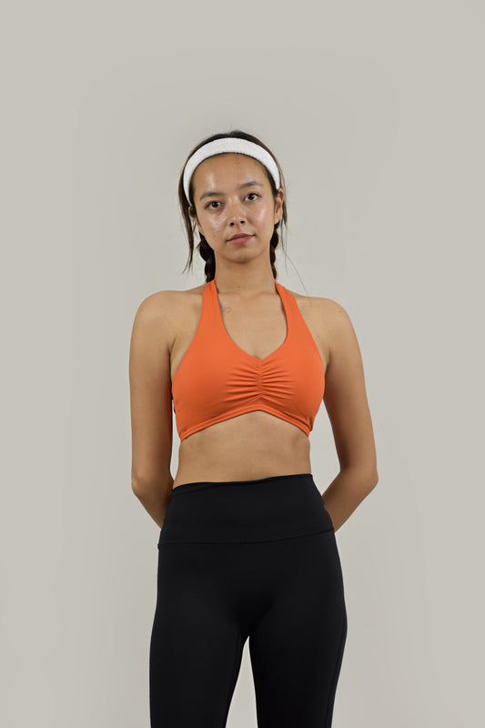 Ruched Halter Neck Sports Bra - Orange