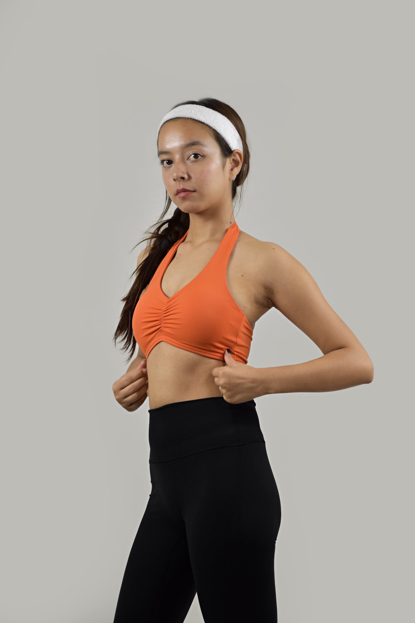 Ruched Halter Neck Sports Bra - Orange