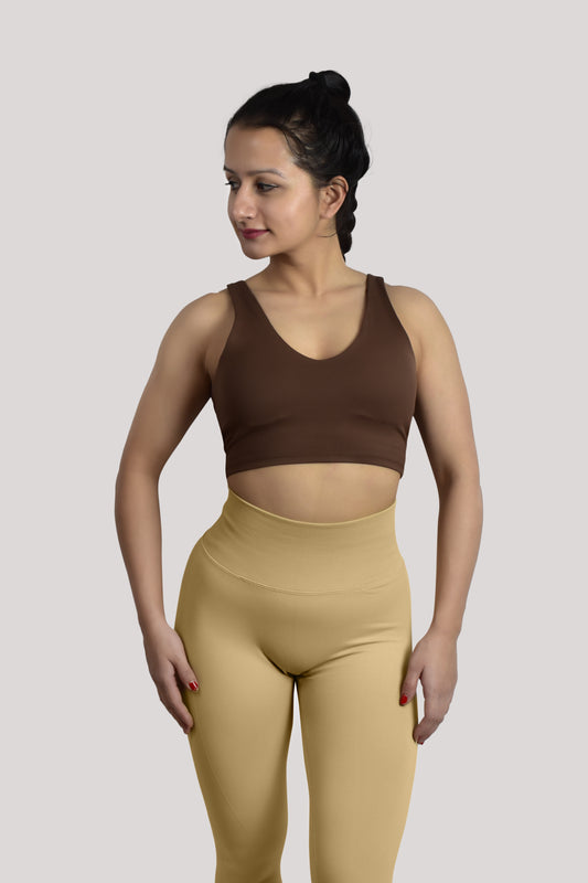 Seamless V-neck style Gym Crop Top - Coffee Brown