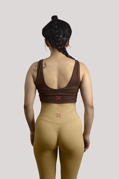 Seamless V-neck style Gym Crop Top - Coffee Brown